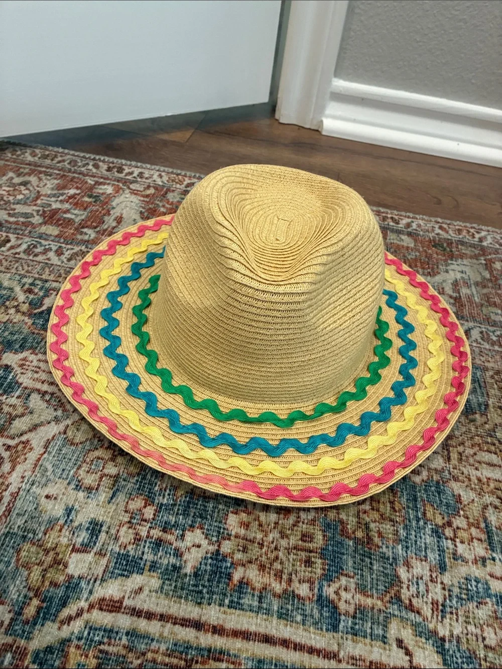 San Diego Hat Company Kids Straw Sun Hat with Pink, Yellow & Teal Trim